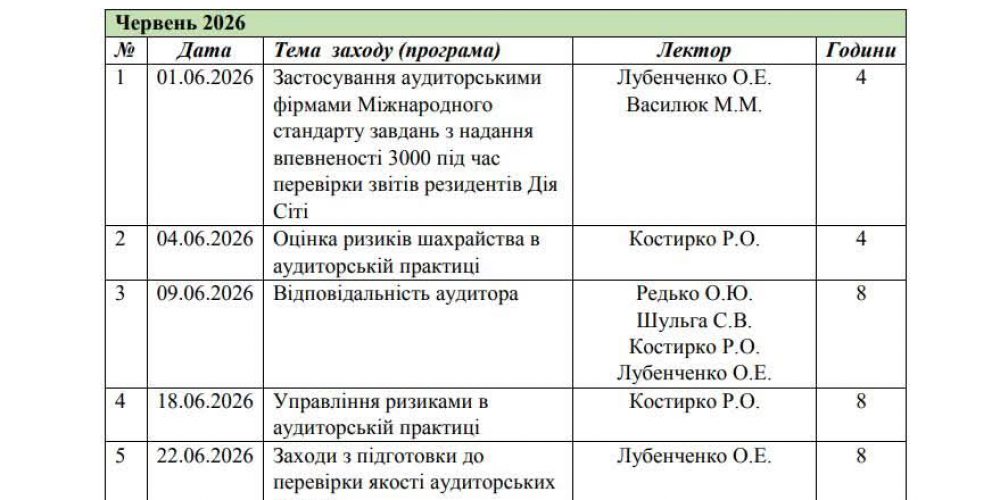 План освітніх заходів Національного центру обліку та аудиту на червень 2026 року